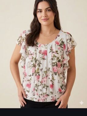 Black Rainn White Floral Ruffled Sleeve Blouse with Pink Roses